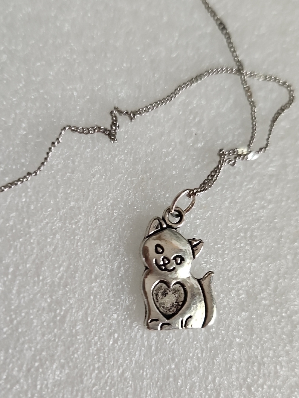 Hand Crafted Silver Cat Heart Charm Necklace